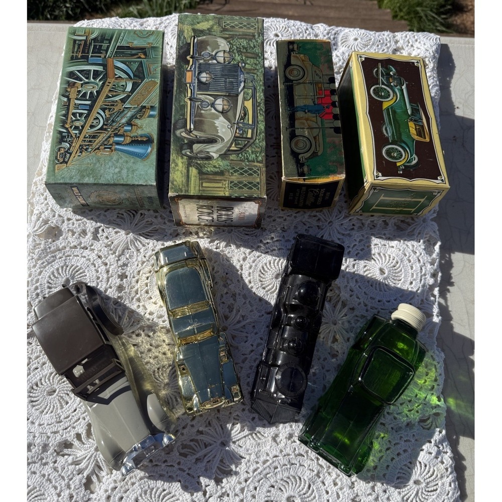 Avon Collectible Rolls Royce, Cadillac, Train, Stanley Bottles in Original Box